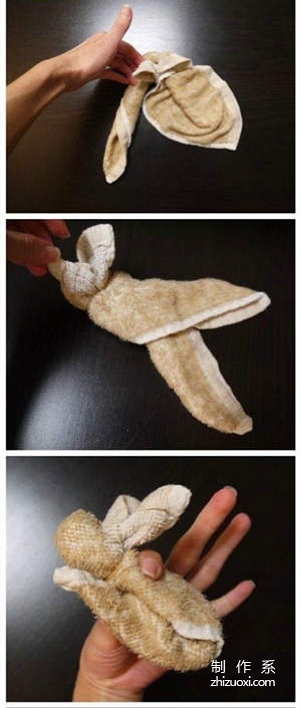 Simply find a piece of terry cloth and knit it, and you can easily transform into a cute little bunny.