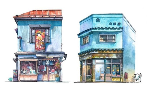 Artist’s rendering of Japanese-style storefronts that are slowly disappearing in Tokyo