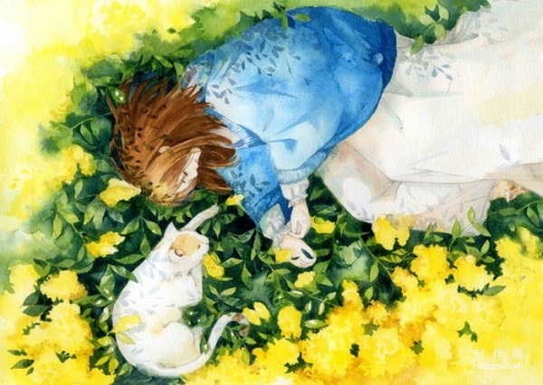 Healing hand-drawn illustration picture of girl and cat