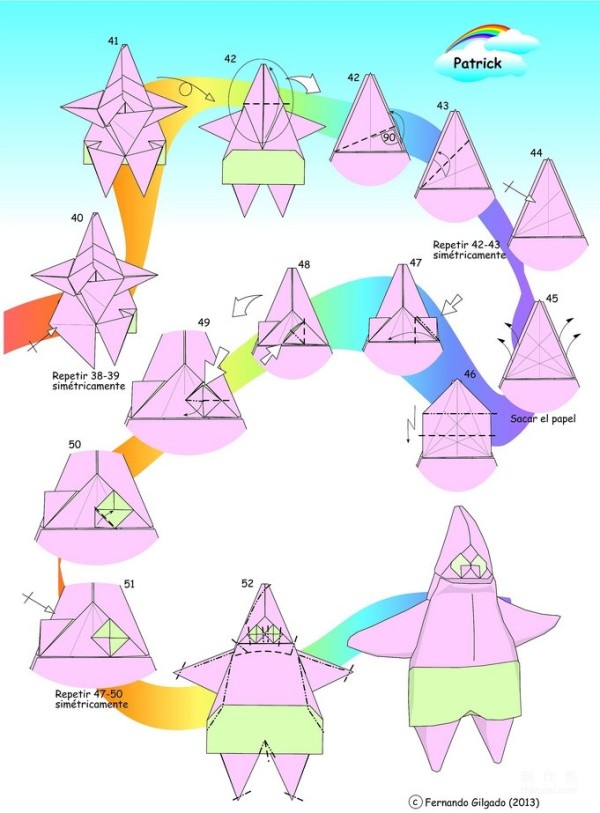 Paper art handmade origami art, Fernando Gilgado Spongebob cartoon character Patrick Star handmade origami drawing tutorial