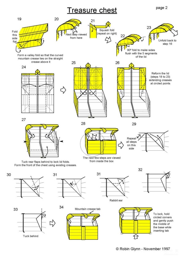 Paper art handmade origami art, Robin Glynn square covered one-piece treasure chest handmade origami drawing tutorial