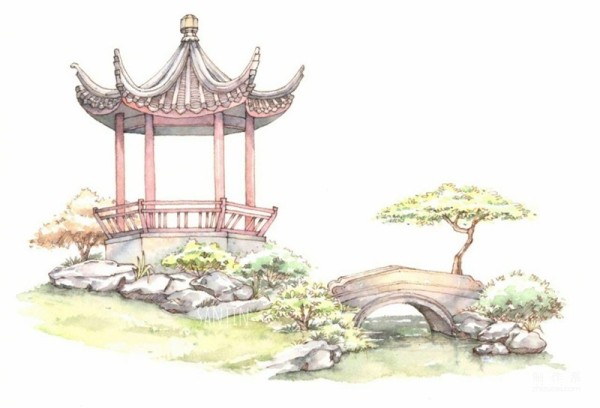 Chinese style pavilion architectural watercolor pictures