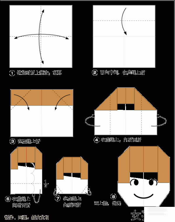 Illustrated origami tutorial for girls head