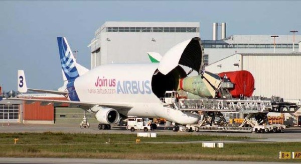 The super-giant transport plane known as the Great White Whale can swallow a Boeing passenger plane