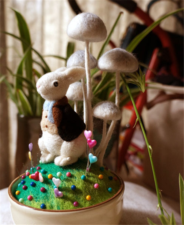 DIY handmade wool felt to make a cool Mr. Rabbit and Mushroom combination