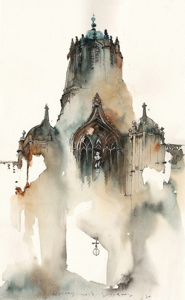 Korean female illustrator Sunga Park’s dripping architectural watercolor works