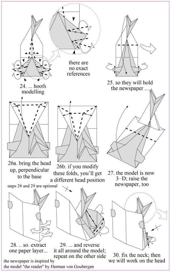 Paper art handmade origami art, Daniela Carboni & Roberto Gretters handmade origami drawing tutorial of a donkey reading a newspaper