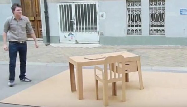 Cardboard furniture that opens like a three-dimensional greeting card, full of hardness