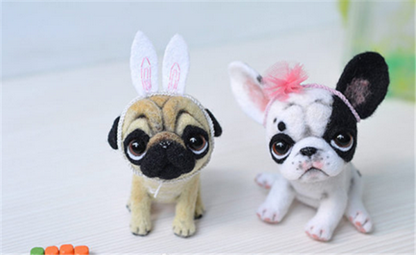 Cute pug and chihuahua works made of handmade wool felt