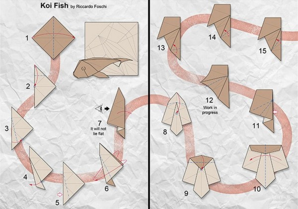 Handmade origami art tutorial, Riccardo Foschi Koi diagrams carp handmade origami diagram tutorial