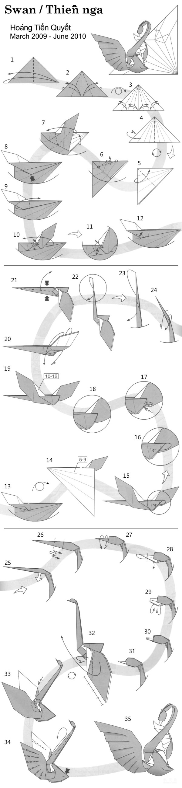 Bird origami, beautiful origami swan with spread wings, illustrated tutorial on handmade origami methods