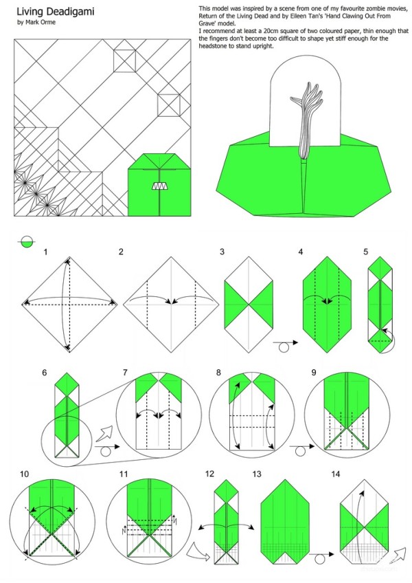 Paper art handmade origami art, Mark Orme living deadigami diagrams horror living dead handmade origami drawings tutorial