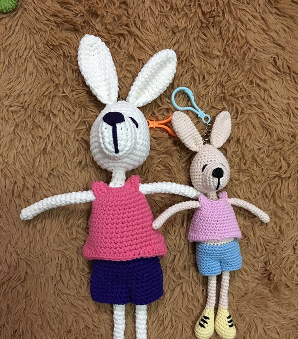 Appreciation of the cute little bunny doll hand-knitted with wool