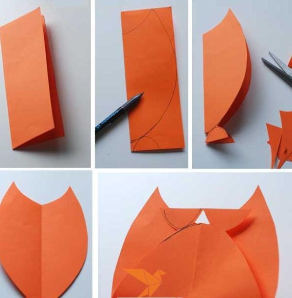 Illustration of teaching steps for childrens DIY origami little owl decoration in the New Year