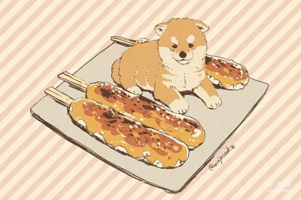 Cute illustration of putting dogs into delicious food