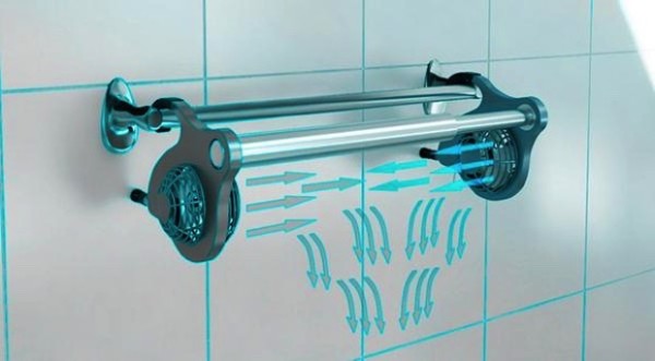 WHOOSH towel rack with fan keeps towels away from odors