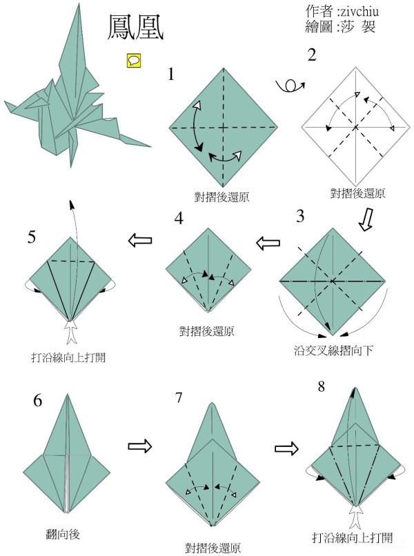 Manual origami tutorial, Phoenix origami drawings and folding sequence tutorial