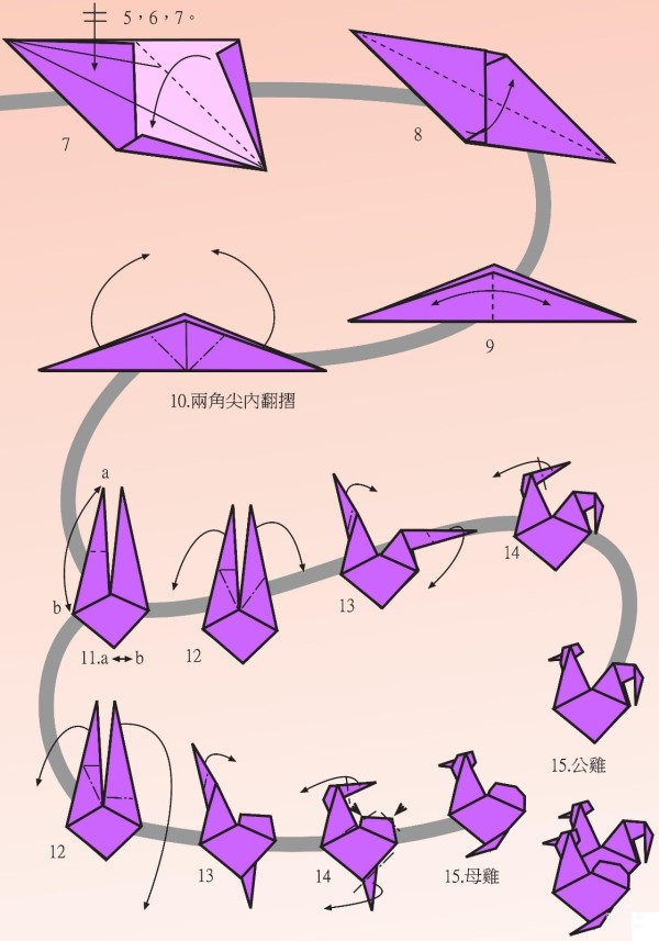 Manual origami tutorial, Hong Kong dollar rooster and hen origami drawings and folding sequence tutorial