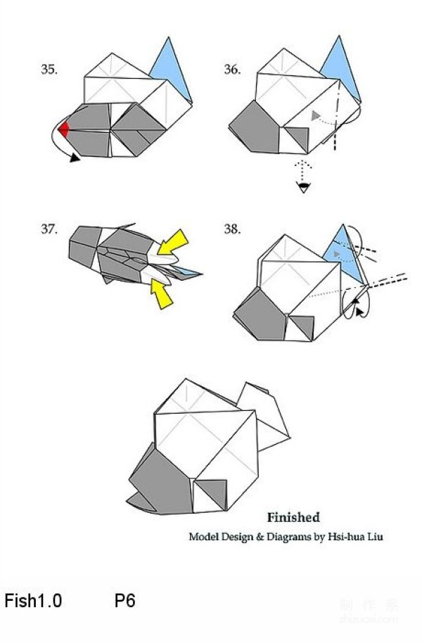 Paper art hand-made origami art, Liu Xihua Hsi-hua Liu Goldfish Little Fish hand-made origami drawing tutorial