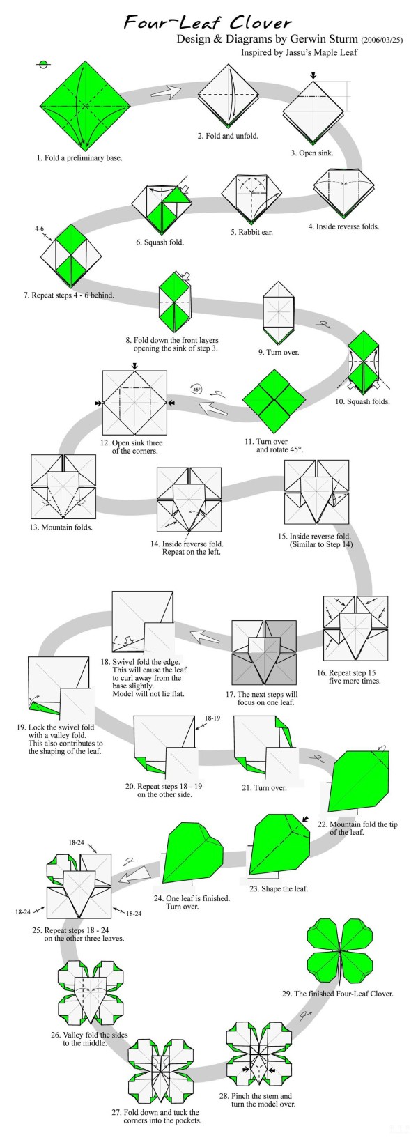 Simple origami tutorial, illustrated tutorial on how to make four-leaf clover origami