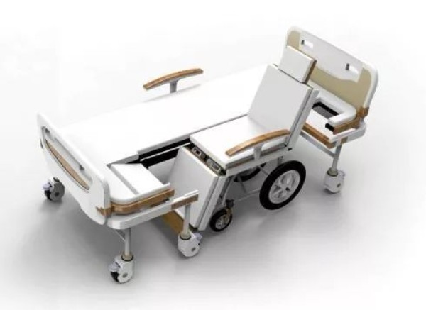 A hospital bed that can be separated into a wheelchair