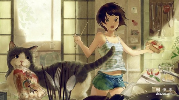 Healing hand-drawn illustration picture of girl and cat