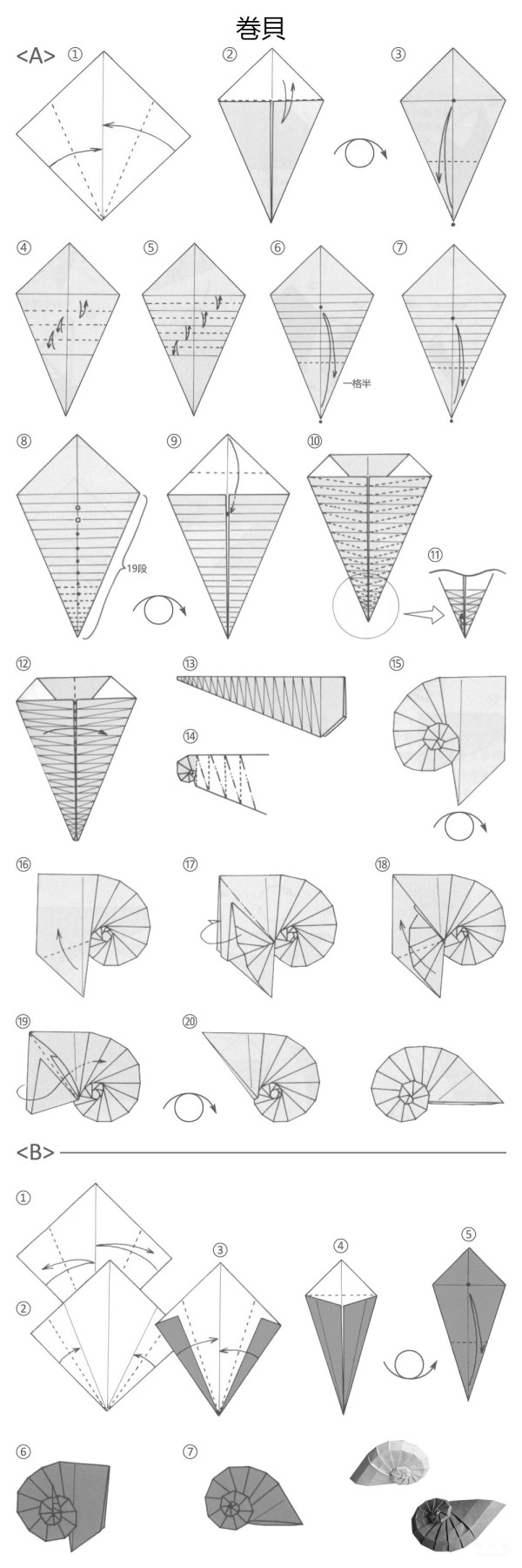 Simple origami tutorial, illustrated tutorial on manual origami method of shell roll