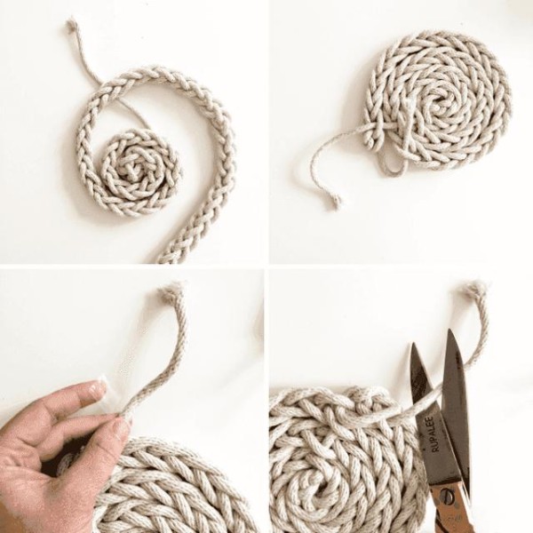 Illustration of tutorial on hand-made small fresh coasters using cotton and linen ropes