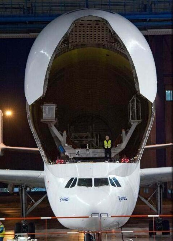 The super-giant transport plane known as the Great White Whale can swallow a Boeing passenger plane