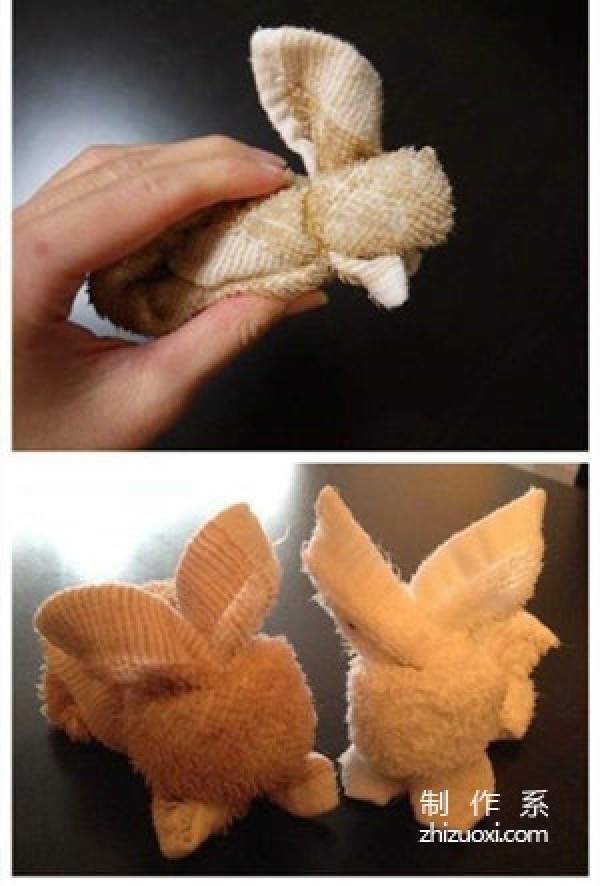 Simply find a piece of terry cloth and knit it, and you can easily transform into a cute little bunny.