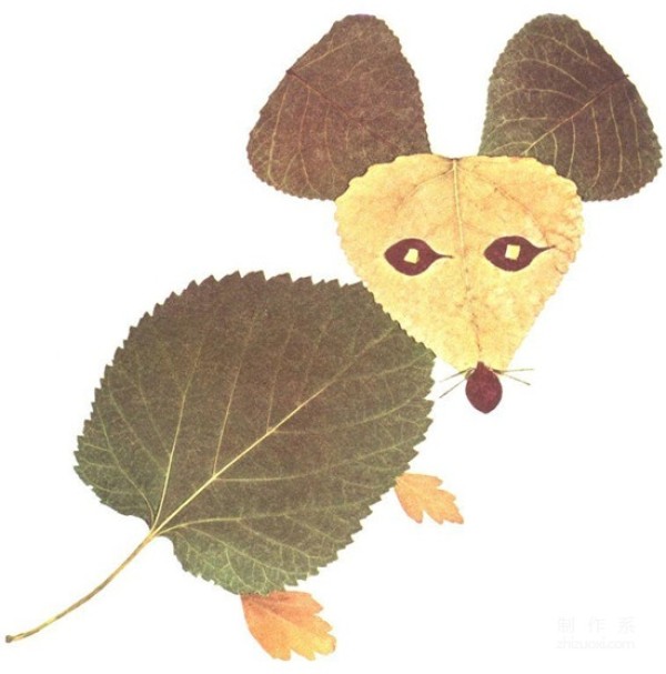 Various animal pictures made of fallen leaves