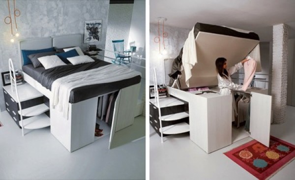 Combination of wardrobe and bed