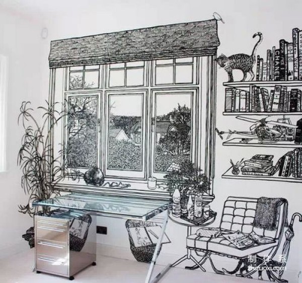 Draw an ideal home with a pen and a white wall