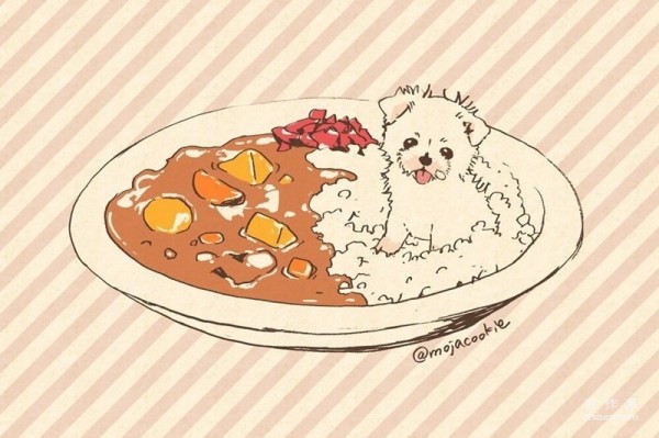 Cute illustration of putting dogs into delicious food