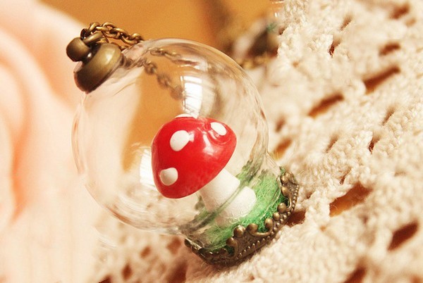 Forest style fresh little mushroom planet wool felt sweater necklace