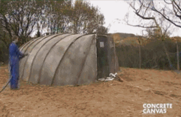 Temporary housing invented abroad, watered and hardened like concrete