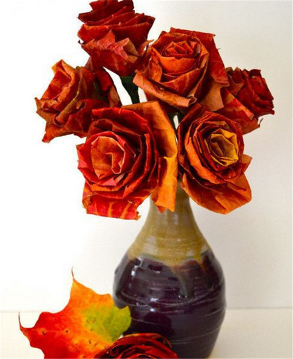 Beautiful roses made from autumn maple leaves in a handmade DIY shop