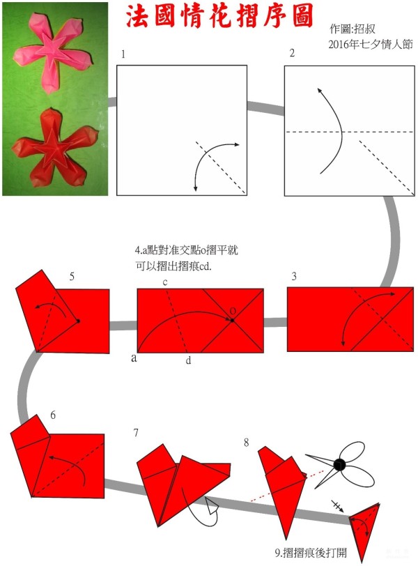 Handmade origami tutorial, French Love Flower Valentines Day flower origami drawings and folding sequence tutorial