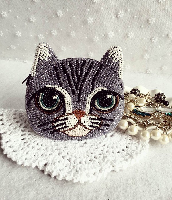 Creative handmade DIY beaded cute kitten cat coin purse