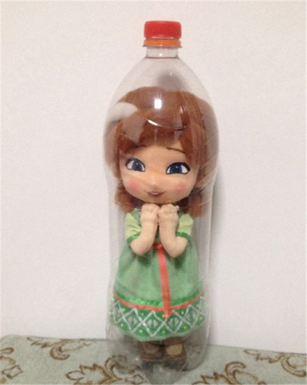 Little Princess Anna in a Coke bottle made from handmade fabric DIY