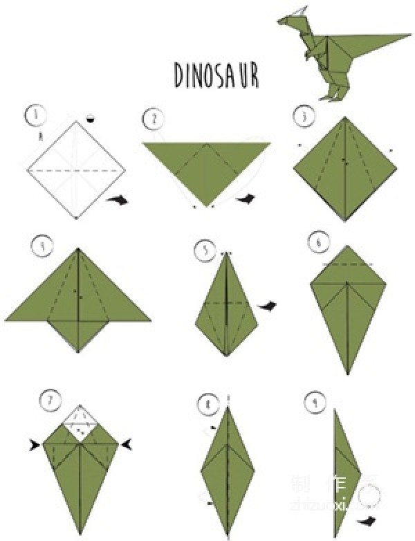 Origami method of Tyrannosaurus rex, domineering dinosaur origami tutorial