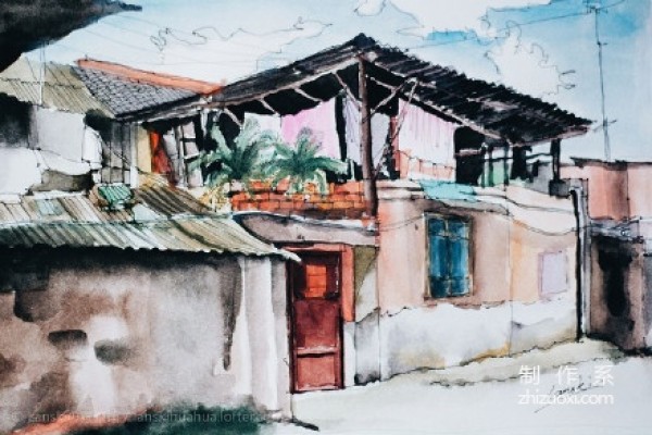 A selection of some watercolor paintings of street architecture by illustrator Lanski