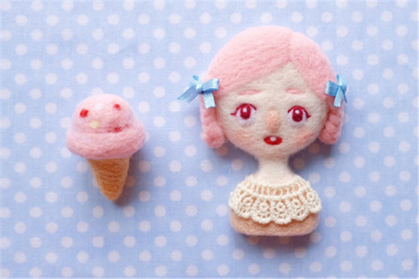 Romantic sweet little girl and her strawberry ice cream handmade wool felt making