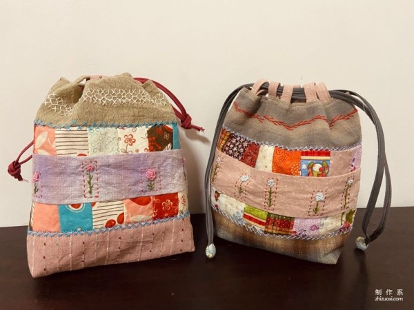 Making handmade fabric bags, patchwork drawstring pockets including drawings and detailed steps