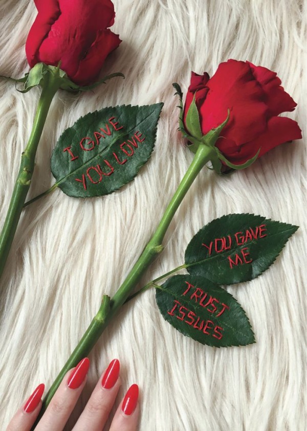 Handmade pictures of embroidery on roses