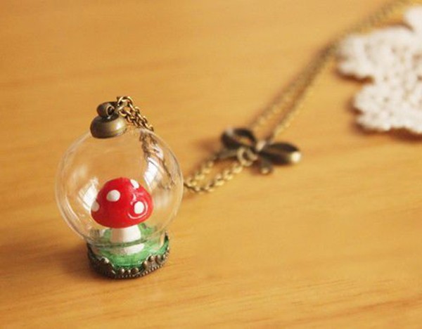 Forest style fresh little mushroom planet wool felt sweater necklace