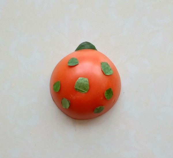 Tutorial on how to make a ladybug collage with tomatoes and leaves