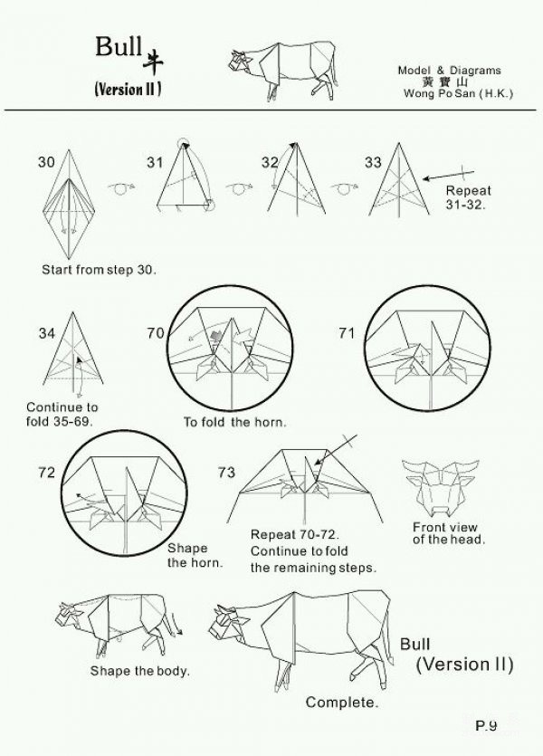 Illustration of steps for making origami cow - the hard-working scalper