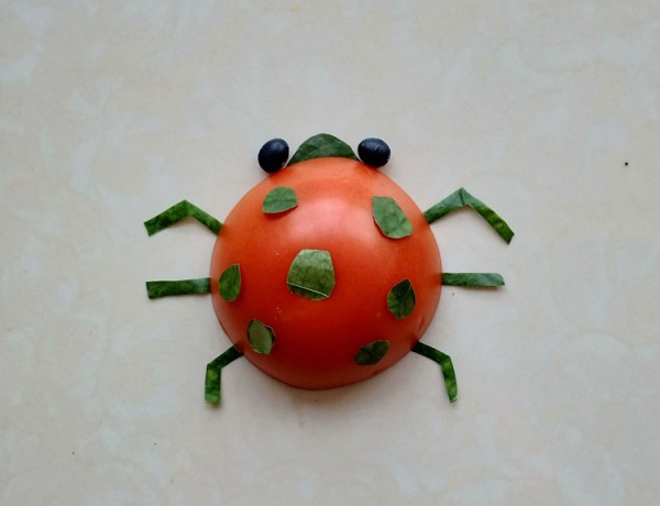 Tutorial on how to make a ladybug collage with tomatoes and leaves