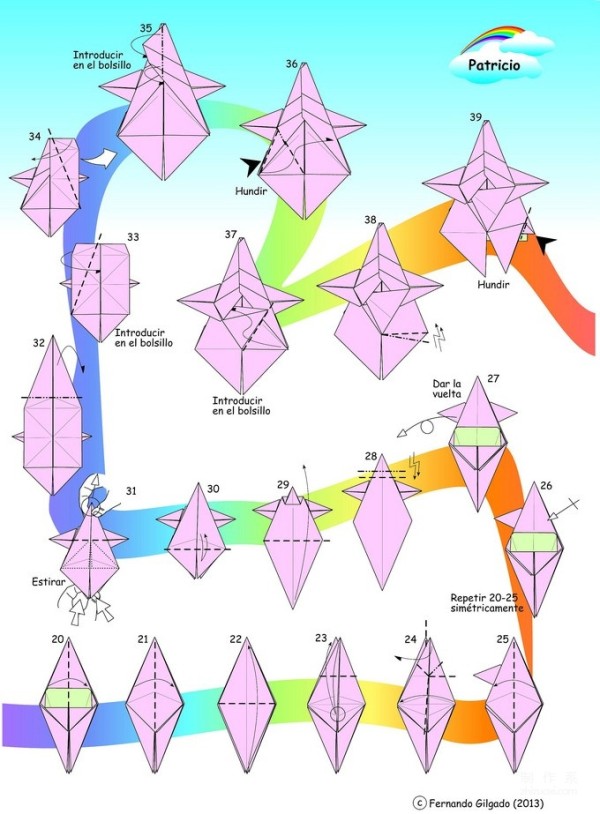 Paper art handmade origami art, Fernando Gilgado Spongebob cartoon character Patrick Star handmade origami drawing tutorial